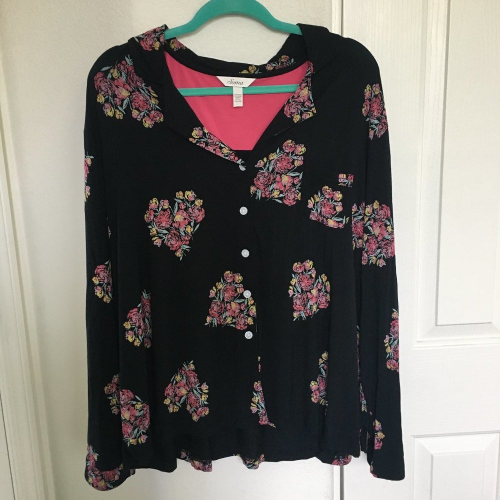 Soma Black Floral Button-Up Pajama Top with Pink Lining